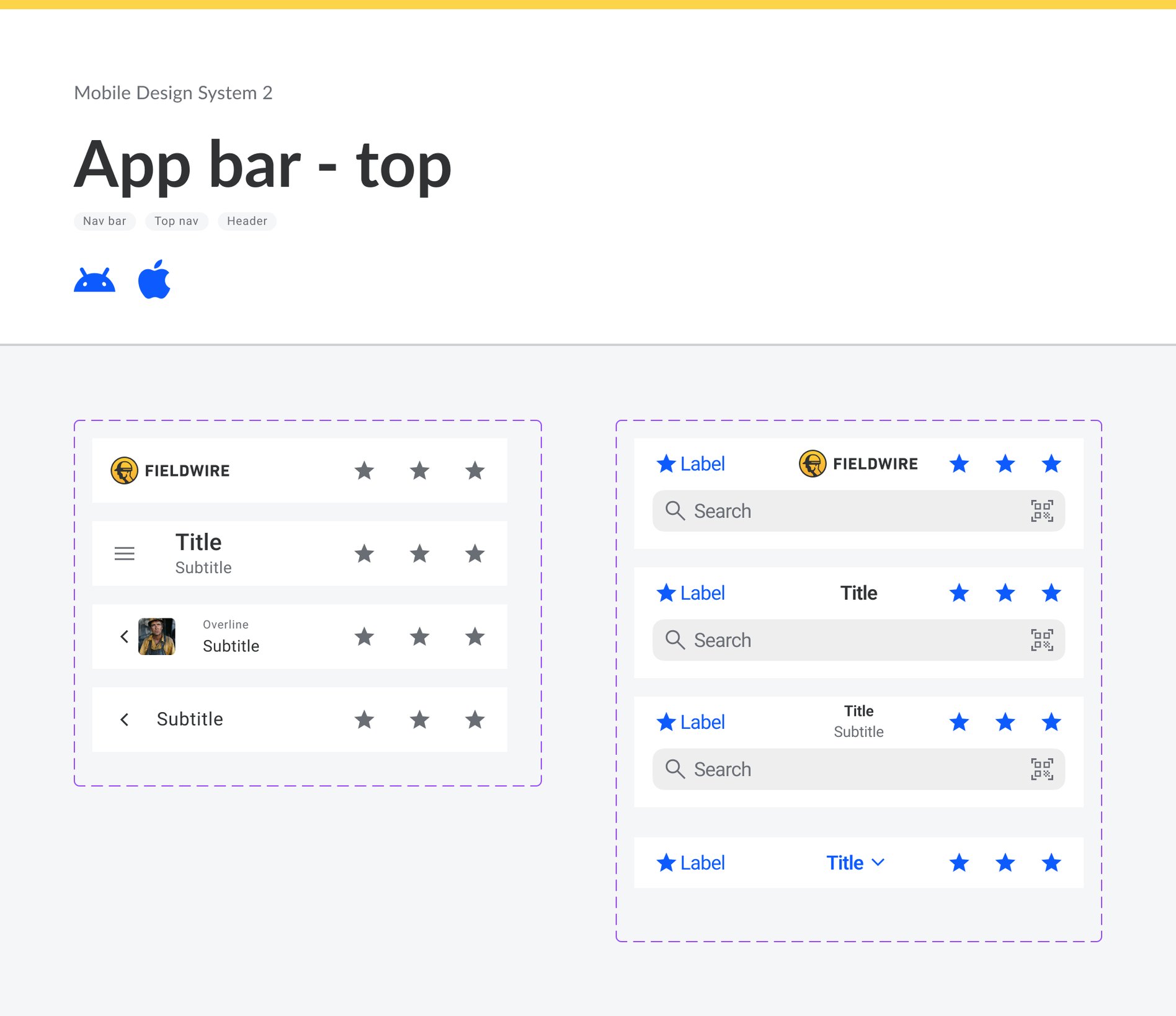 The top app bar component: its Android and iOS variants