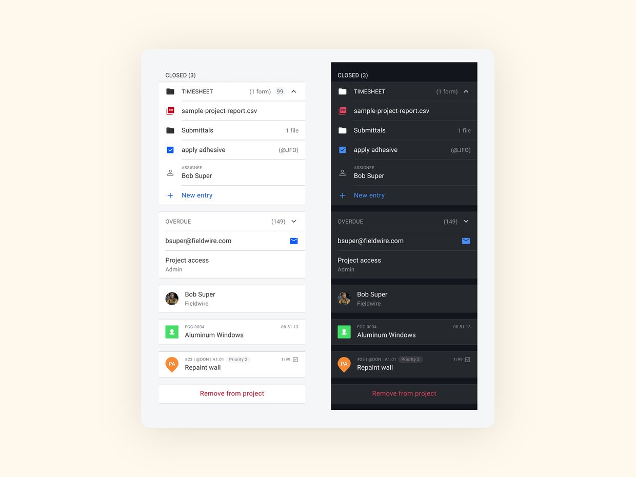 The Fieldwire list component in a real screen, in light and dark mode