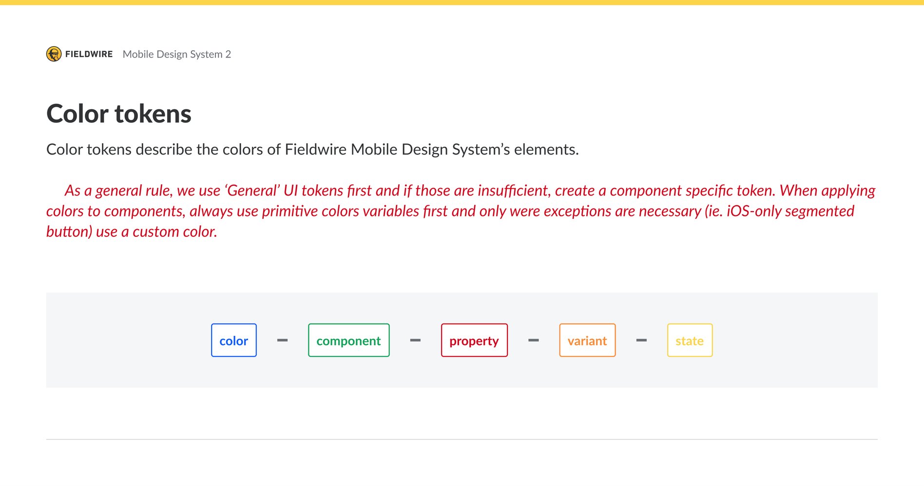 The color-token rule and the naming structure: color, component, property, variant, state
