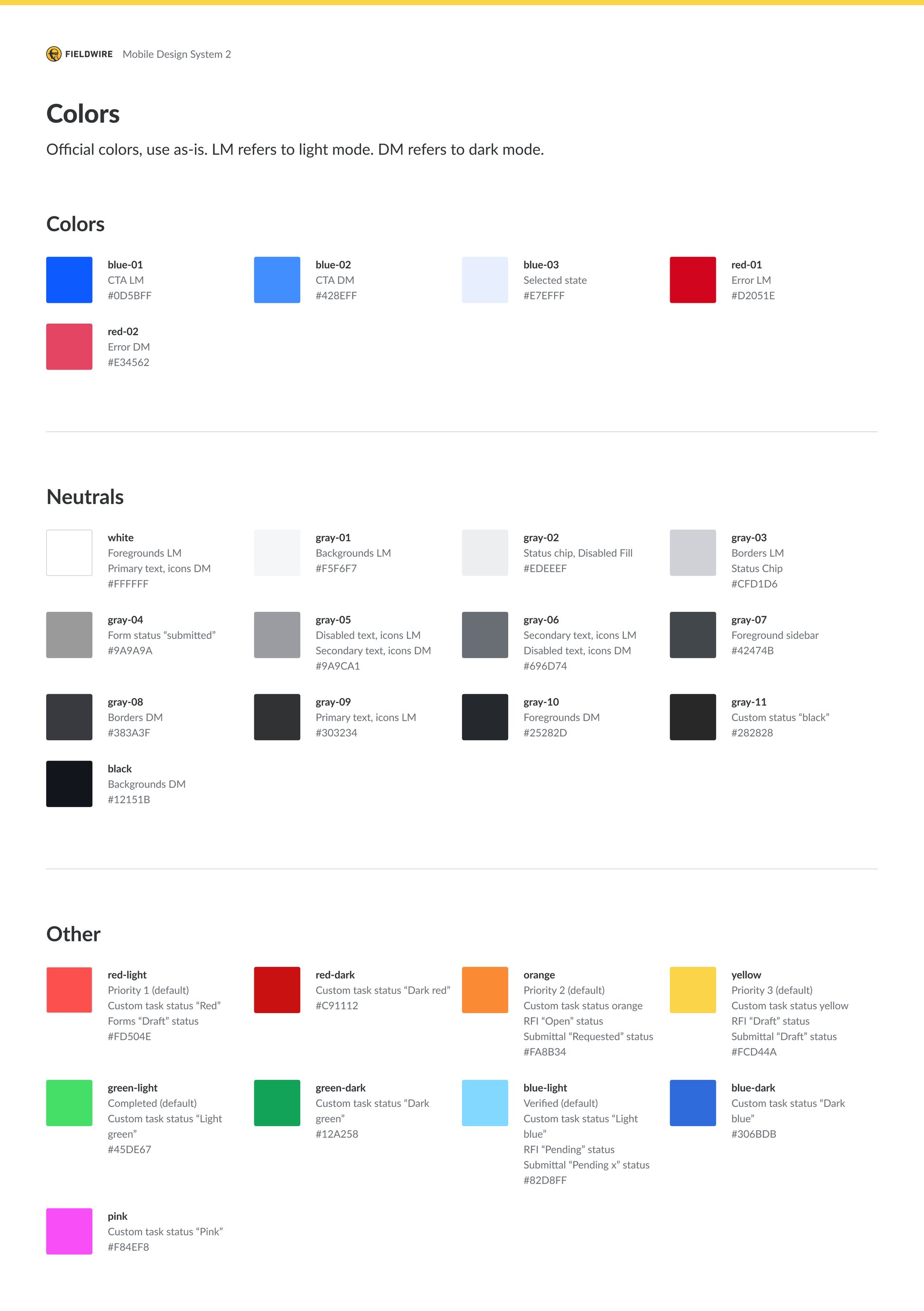 The Colors foundations frame: the official palette of blues, reds, grays and accent colors