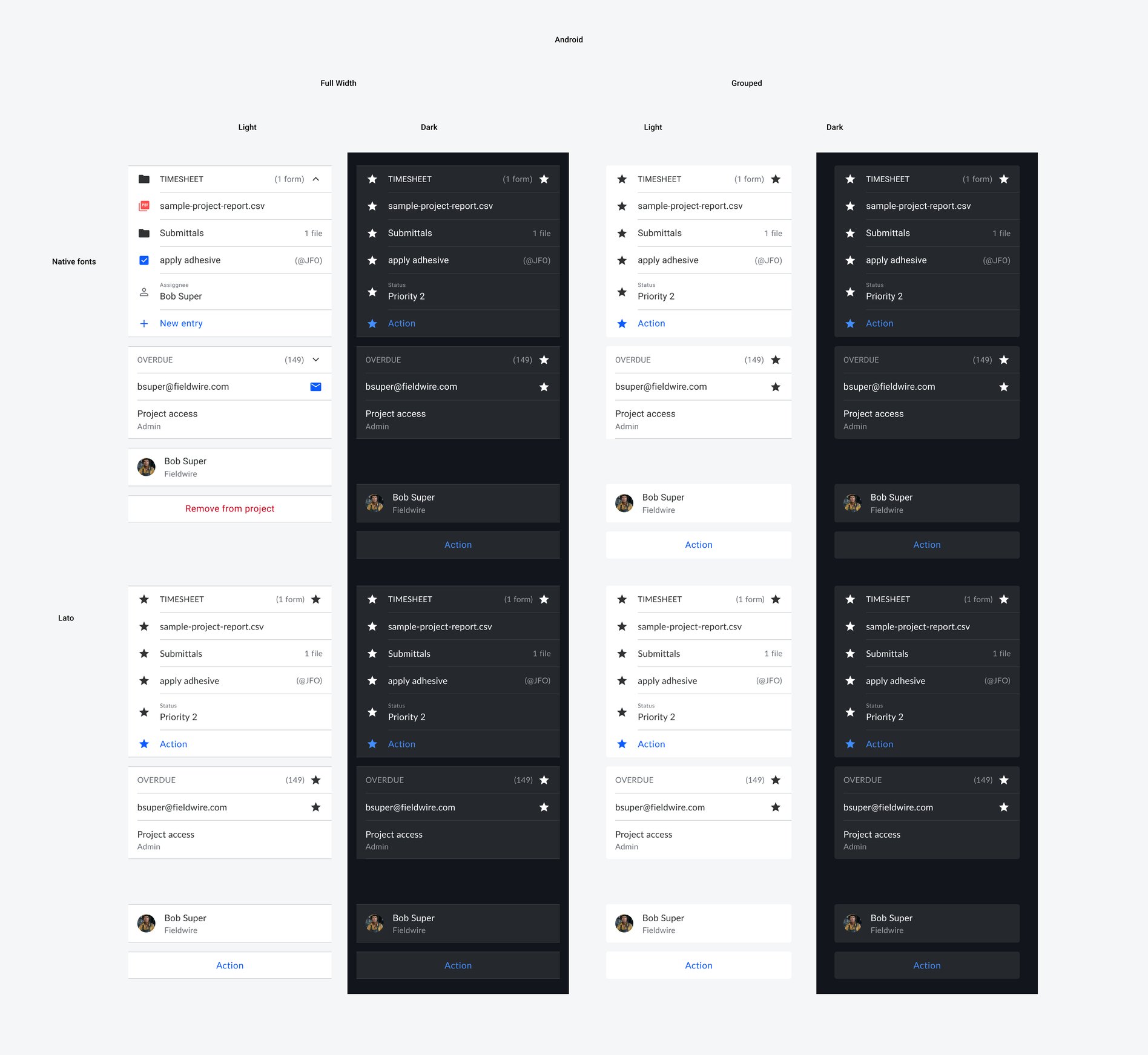 The same Android list in full-width and grouped styles, in light and dark, with native fonts and with Lato