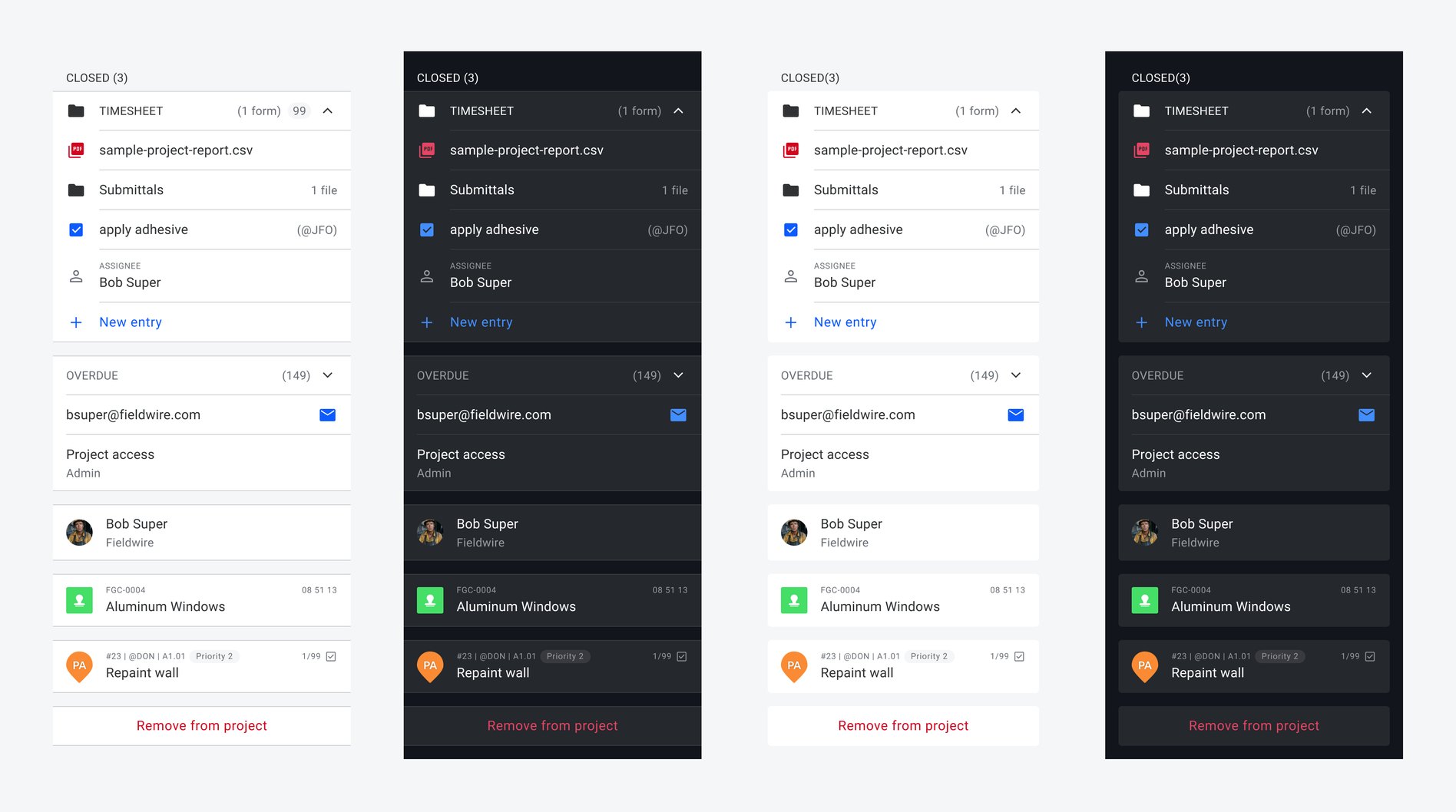 The list component in a real Fieldwire screen, Android and iOS, in light and dark mode