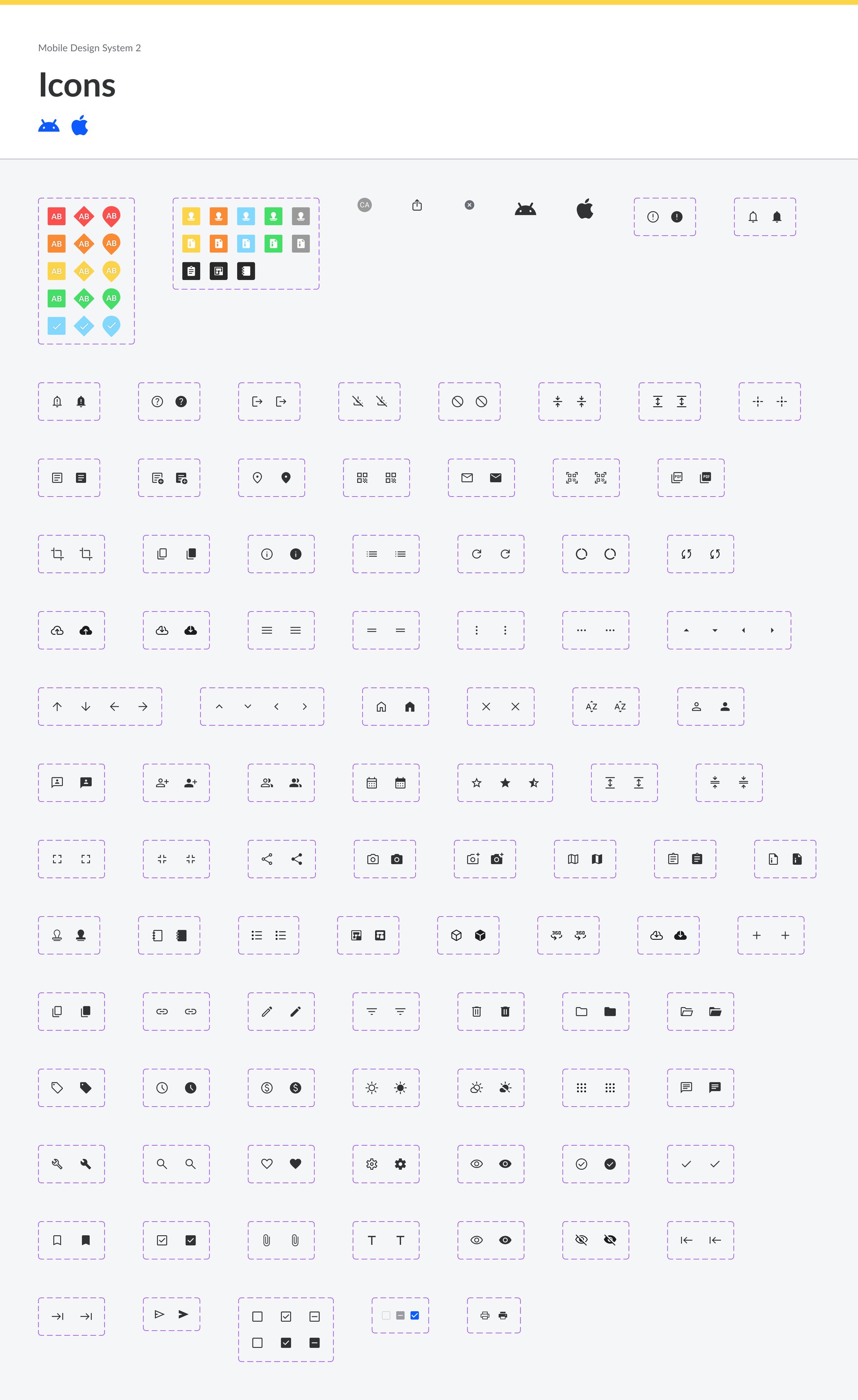 The icon library, including task-status and document-link icons