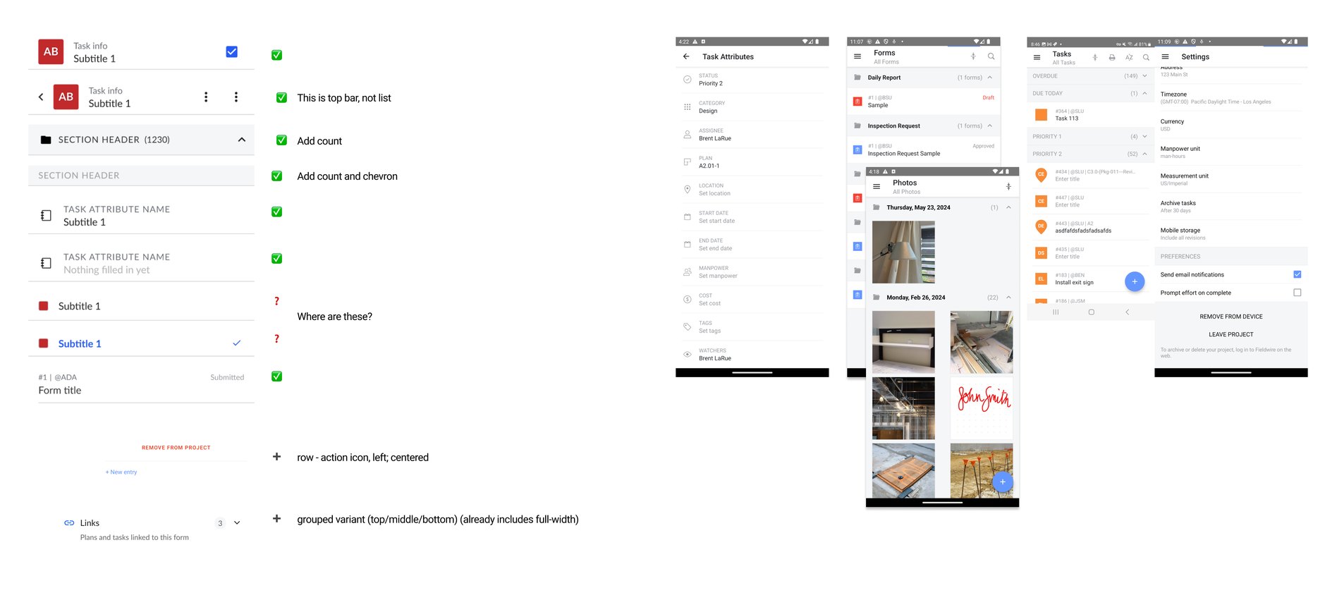 Production screenshots of every list in the Fieldwire apps, with each row type marked keep, add or question