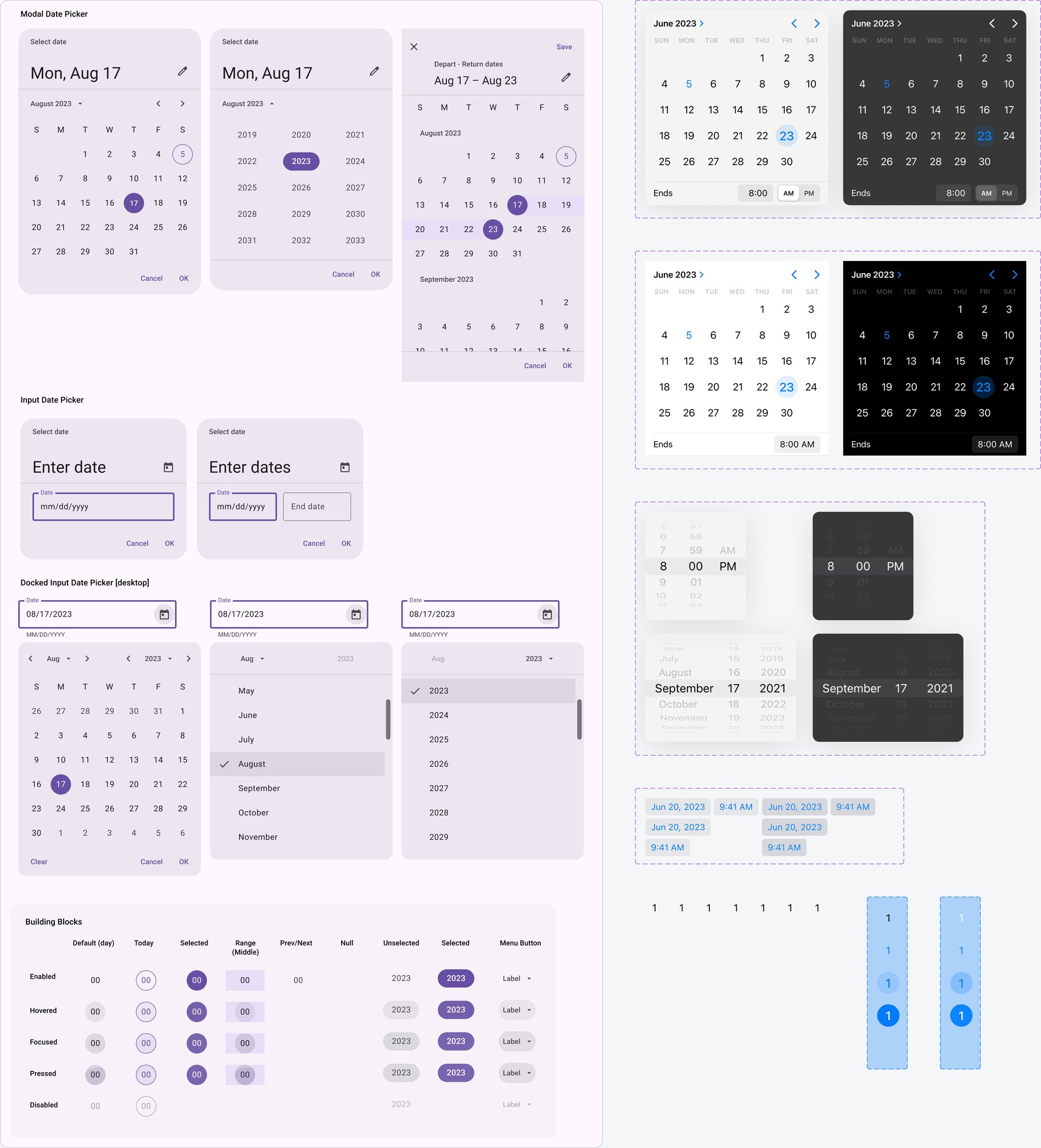 Native date and time pickers for Android and iOS, in light and dark