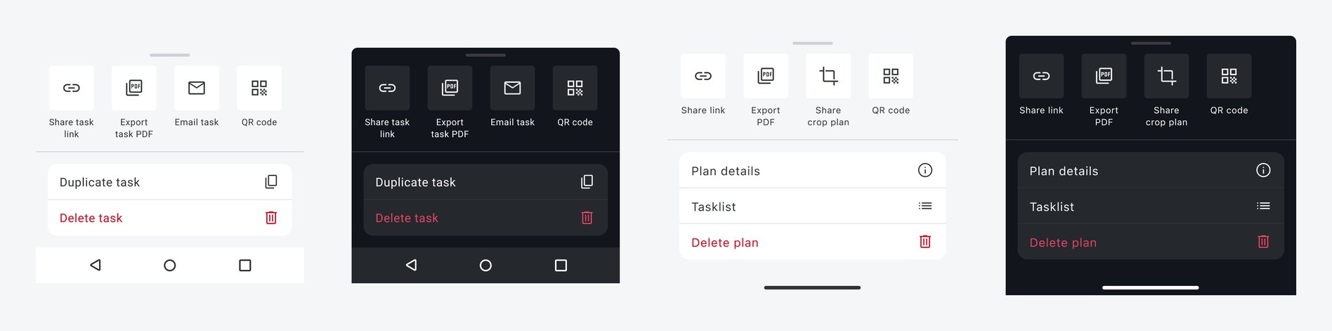 The action sheet stickersheet: task and plan actions on Android and iOS, in light and dark