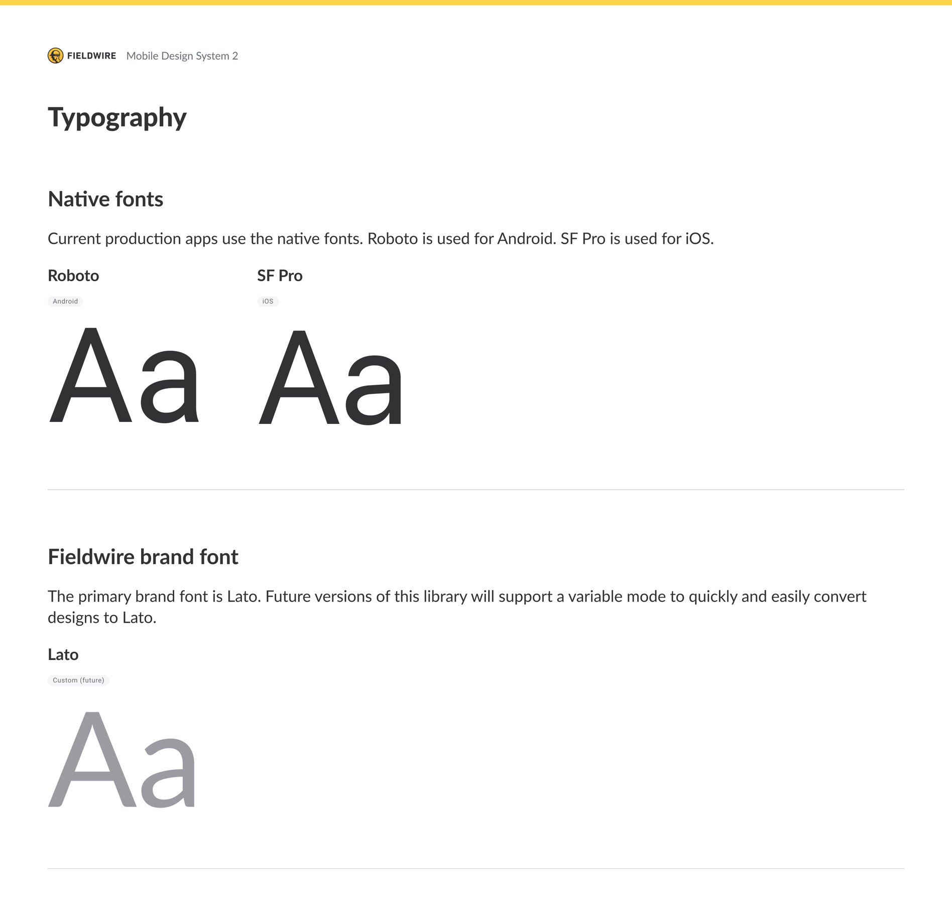 The Typography foundations frame: Roboto and SF Pro as native fonts, and Lato as the brand font