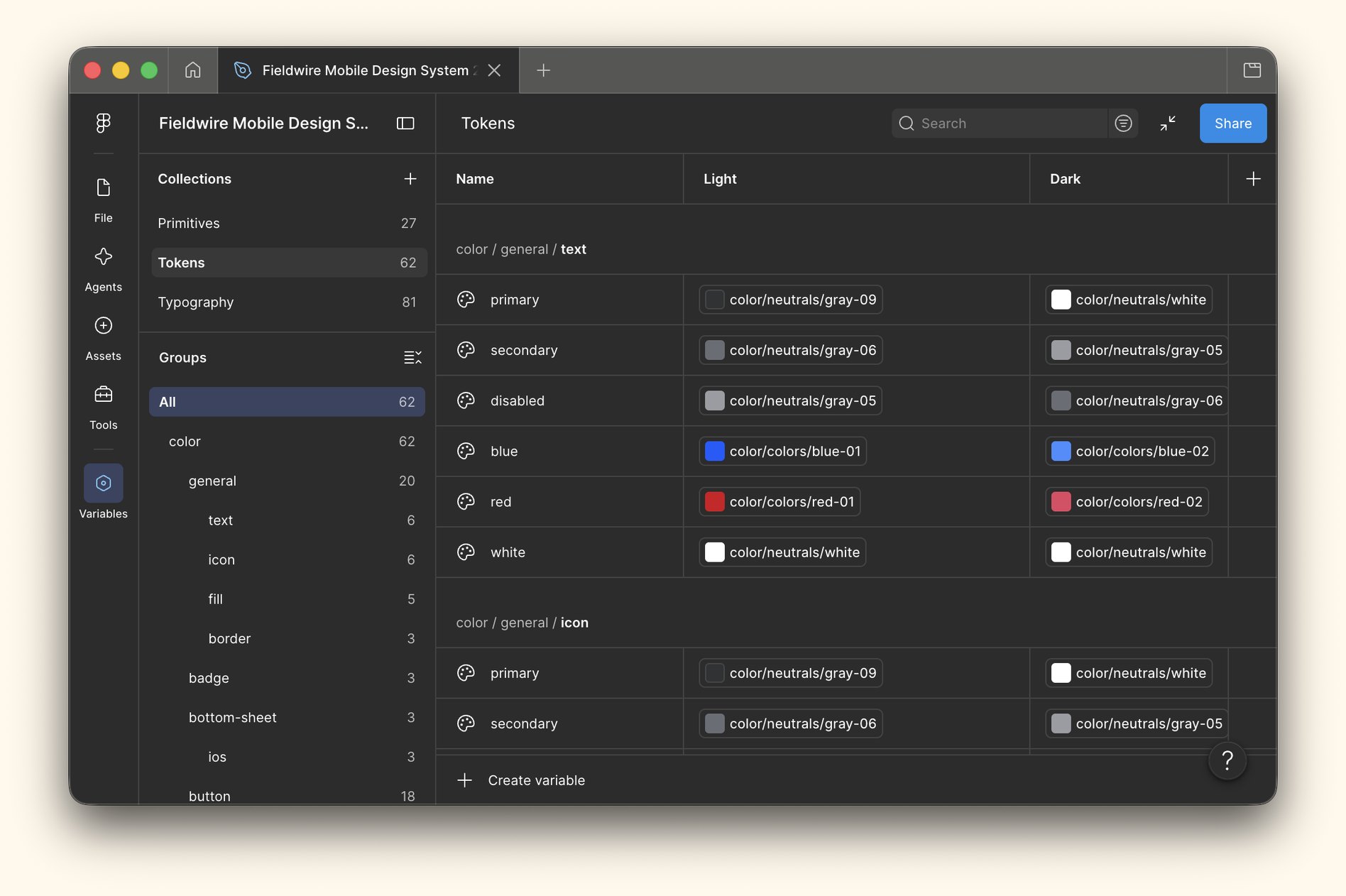 The Figma variables panel: the Tokens collection, each token aliased to a primitive, with light and dark values