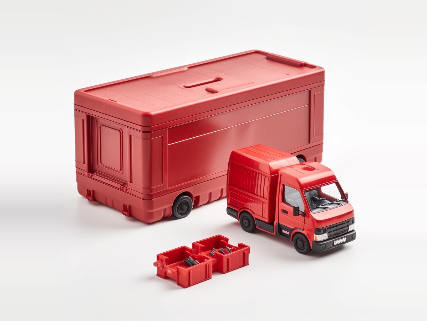 A red container, a red van and an open toolbox