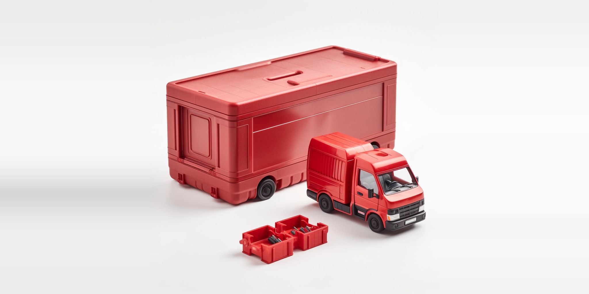 A red container, a red van and an open toolbox: the kinds of storage assets that hold other tools