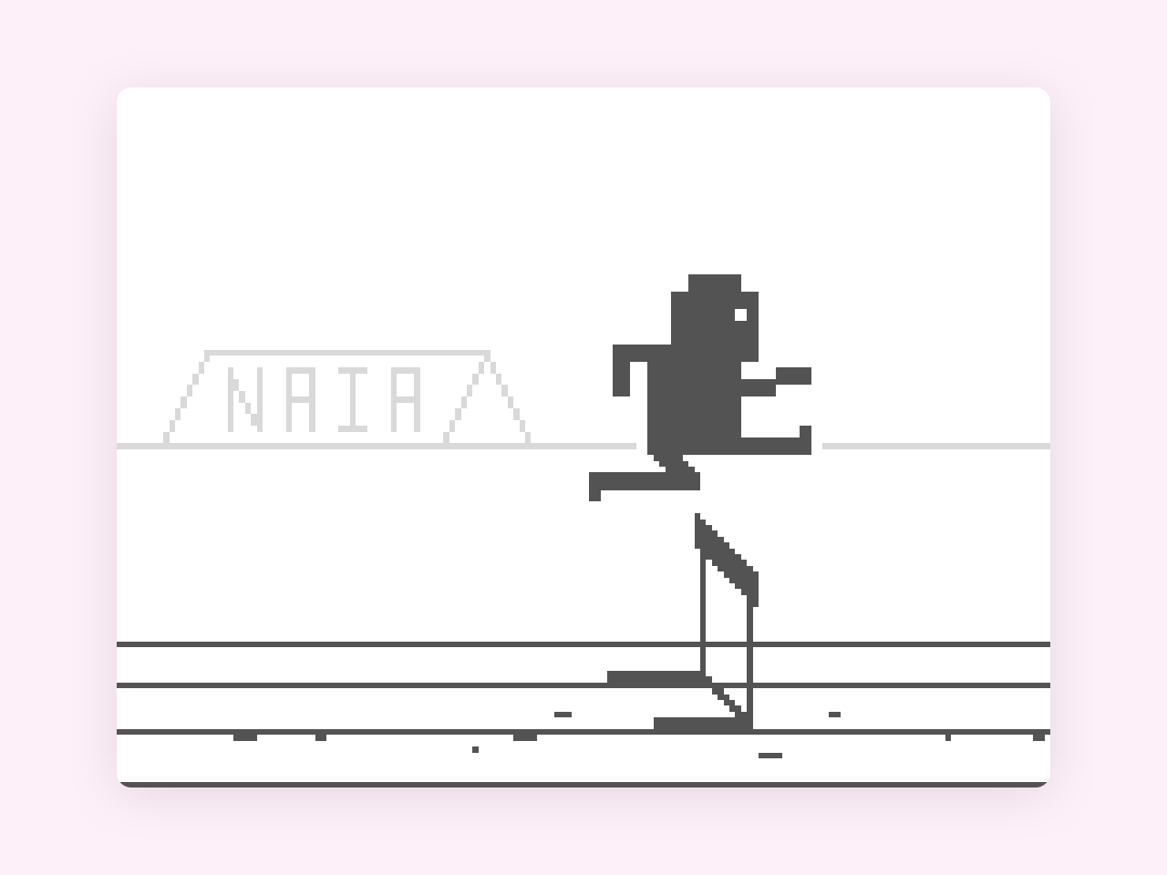 The pixel-art hurdler in mid-air over a hurdle on the track