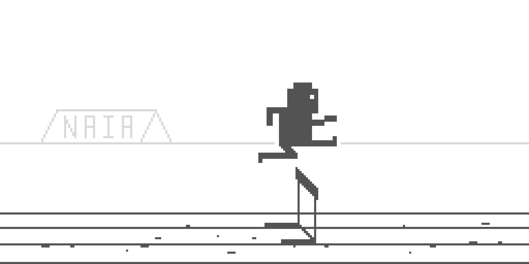 The pixel-art hurdler in mid-air over a hurdle on the track, with a NAIA sign in the stands