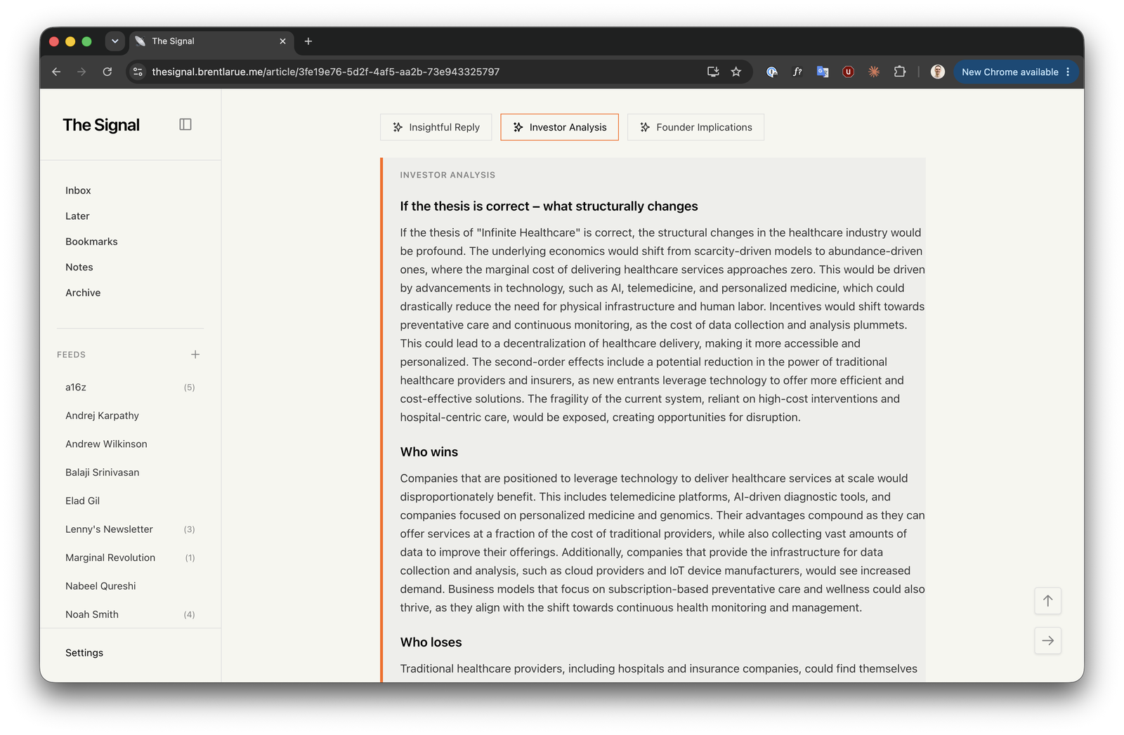 The three AI lenses, with the investor analysis open