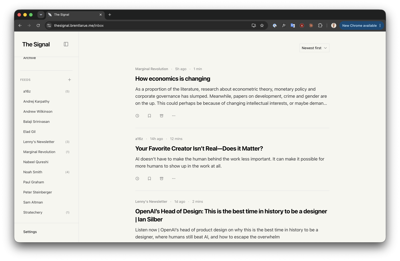 The Signal's sidebar showing every feed