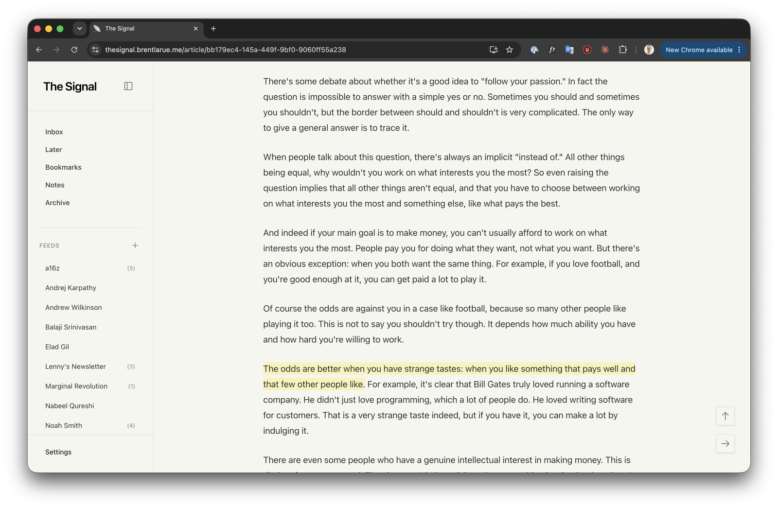 The Signal, default theme, a Paul Graham essay open with a highlight